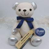 Signature Bear 40th Birthday Personalised Badge Silver Ears Blue Bow