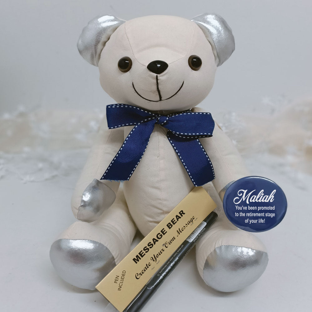 Retirement Signature Bear Personalised Badge Silver Ears Blue Bow