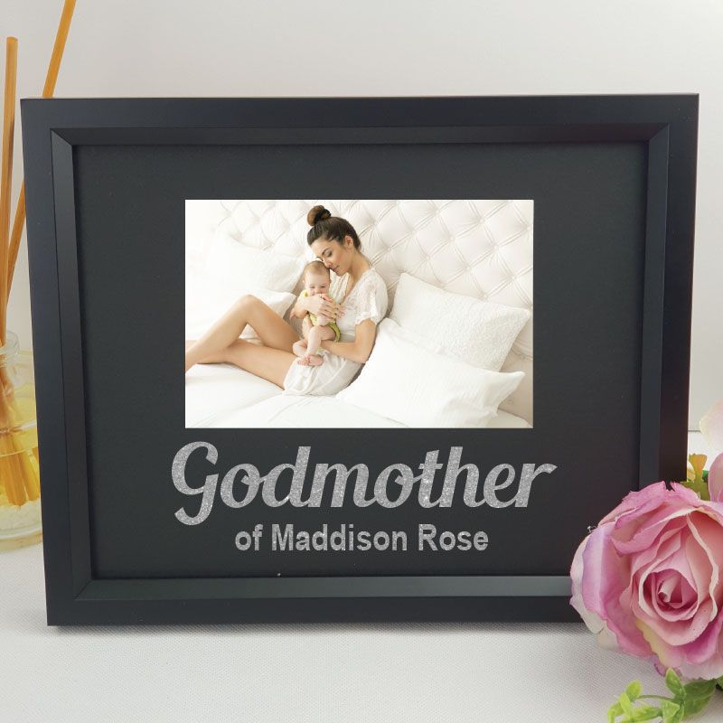 Personalised godmother 6x4 landscape black photo frame with glitter vinyl message – image 1