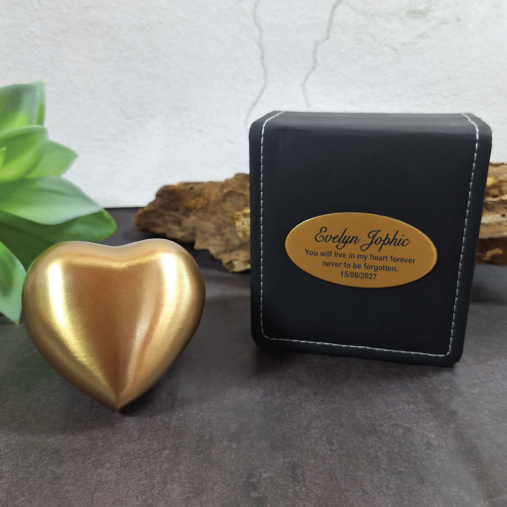 Memorial Heart Gold Urn 70mm Cremation Urn with Plaque