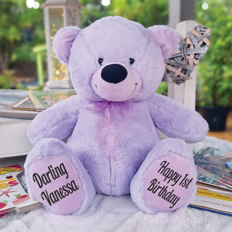 Lavender Bear 30cm 1st Birthday Personalised Message on Feet