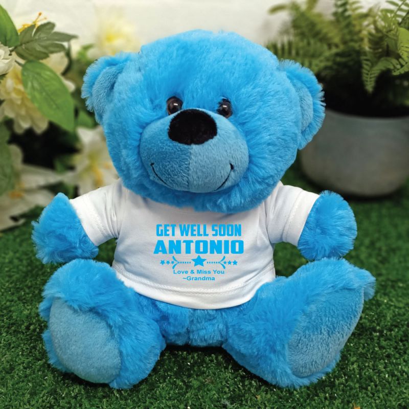 Get Well Soon Bright Blue Bear 23cm with Personalised Shirt