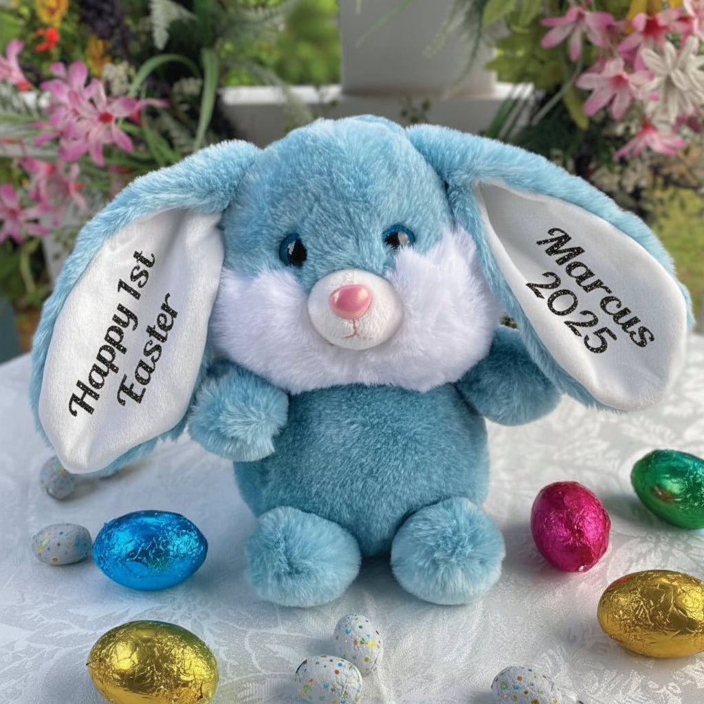Personalised 23cm Easter Bunny Billy Blue with Message on Ears