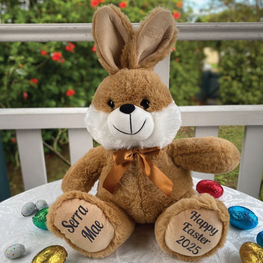 Personalised Easter Bunny Beannie Brown 40cm Plush Toy – Message on Feet