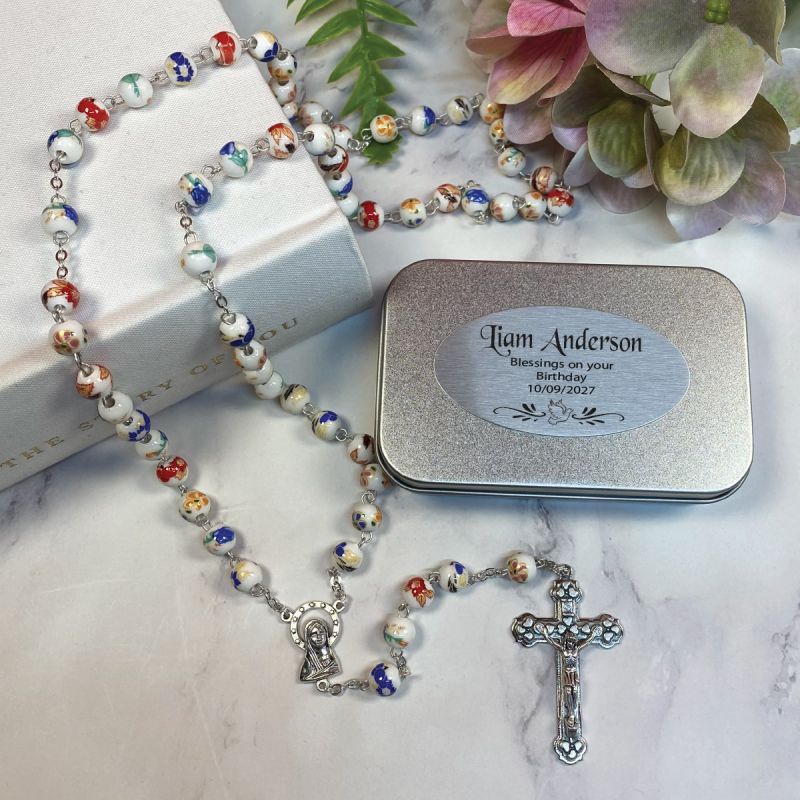 White Ceramic Rosary Beads Gift Box with Personalised Plaque – Religious Keepsake Gift