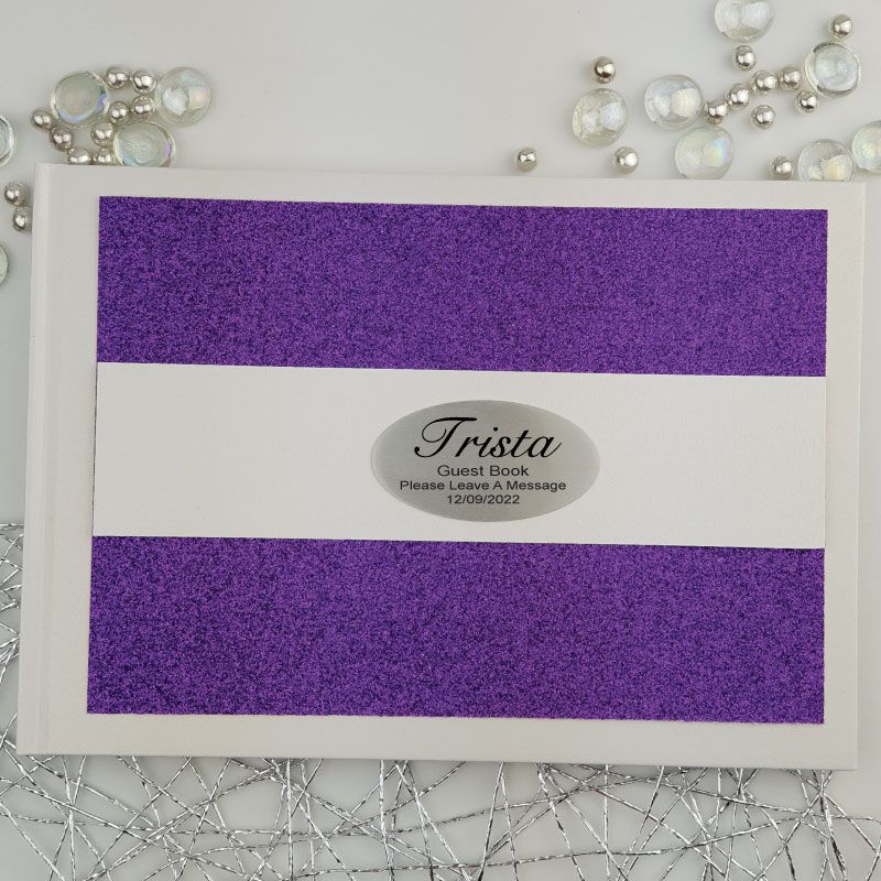 Personalised Guest Book White with Purple Glitter A5