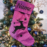 Christmas Stocking – Personalised Purple Velvet Reindeer and Stars Design