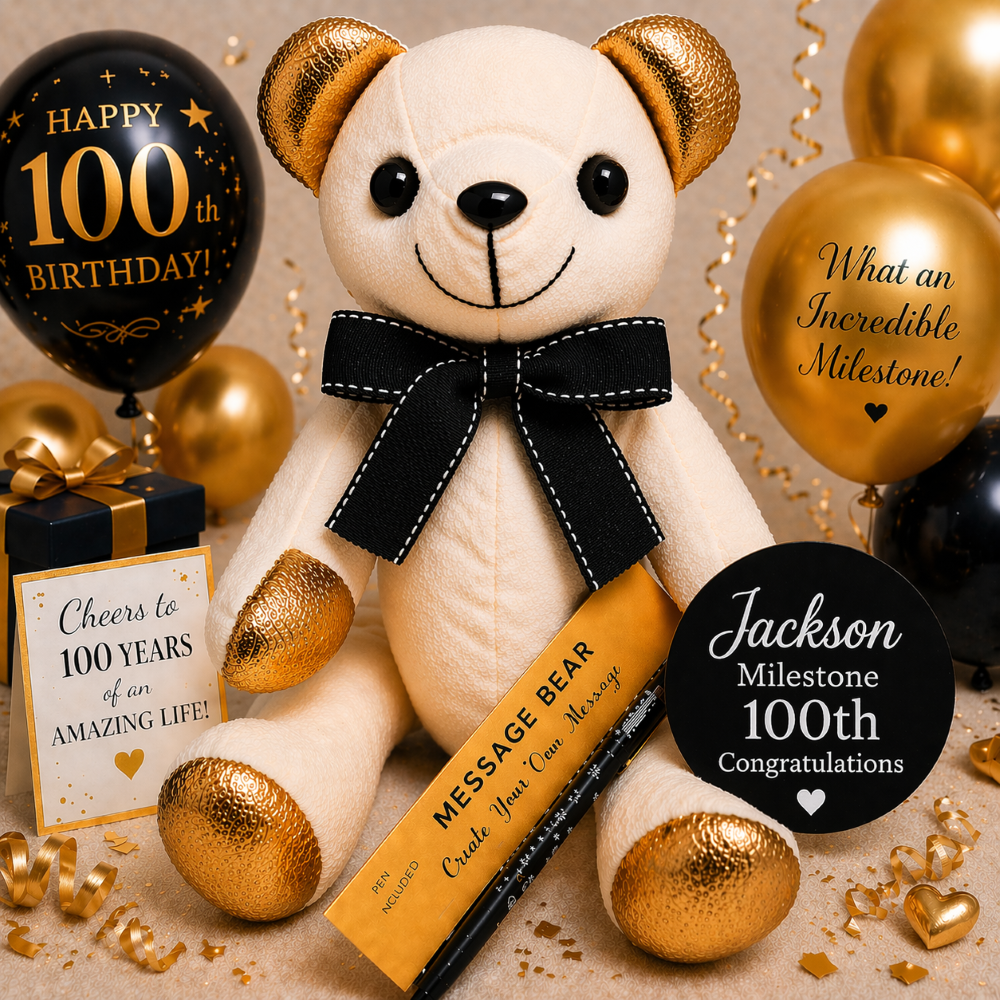 100th Birthday Signature Bear with Gold Ears, Black Bow and Personalised Badge