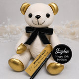 Signature Bear 10th Birthday Personalised Badge Gold Ears and Feet/Black Bow