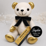 Signature Bear 13th Birthday Personalised Badge Gold Ears and Feet/Black Bow