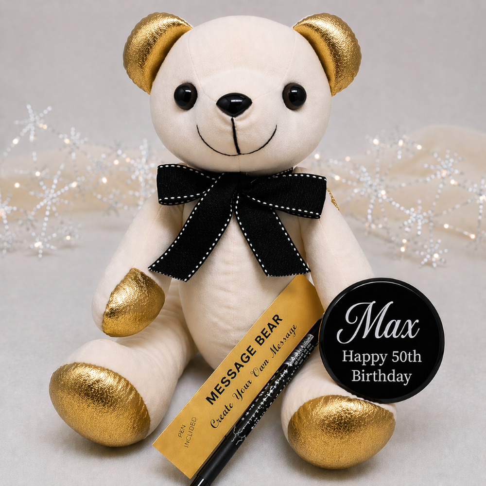 Signature Bear 50th Birthday with Personalised Badge Gold Ears and Feet/Black Bow