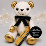 Signature Bear 60th Birthday Personalised Badge Gold Ears and Feet/Black Bow