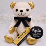 Signature Bear 90th Birthday Personalised Badge Gold Ears and Feet/Black Bow