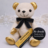 Personalised Signature Bear Gold Ears and Feet/Black Bow Teacher Gift with Message Badge
