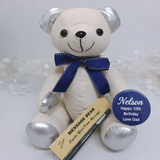 Signature Bear 10th Birthday Personalised on Birthday Badge Blue Bow and Silver Ears