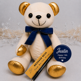 Signature Bear Gold Accents/Blue Bow 13th Birthday Personalised Badge