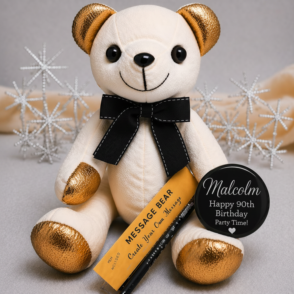Signature Bear Gold Ears and Feet/Black Bow Naming Day Personalised Badge