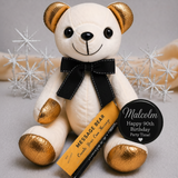 Signature Bear Gold Ears and Feet/Black Bow Naming Day Personalised Badge