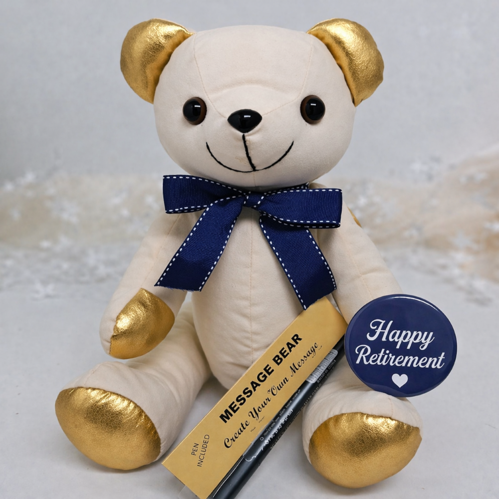Signature Bear Retirement Message Badge Gold Accents/Blue Bow