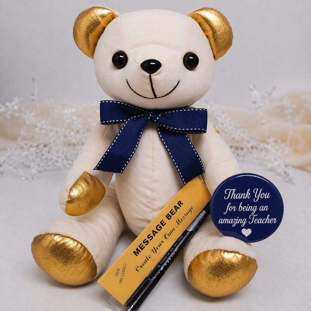 Signature Bear Gold Accents/Blue Bow Teacher Gift with Personalised Badge