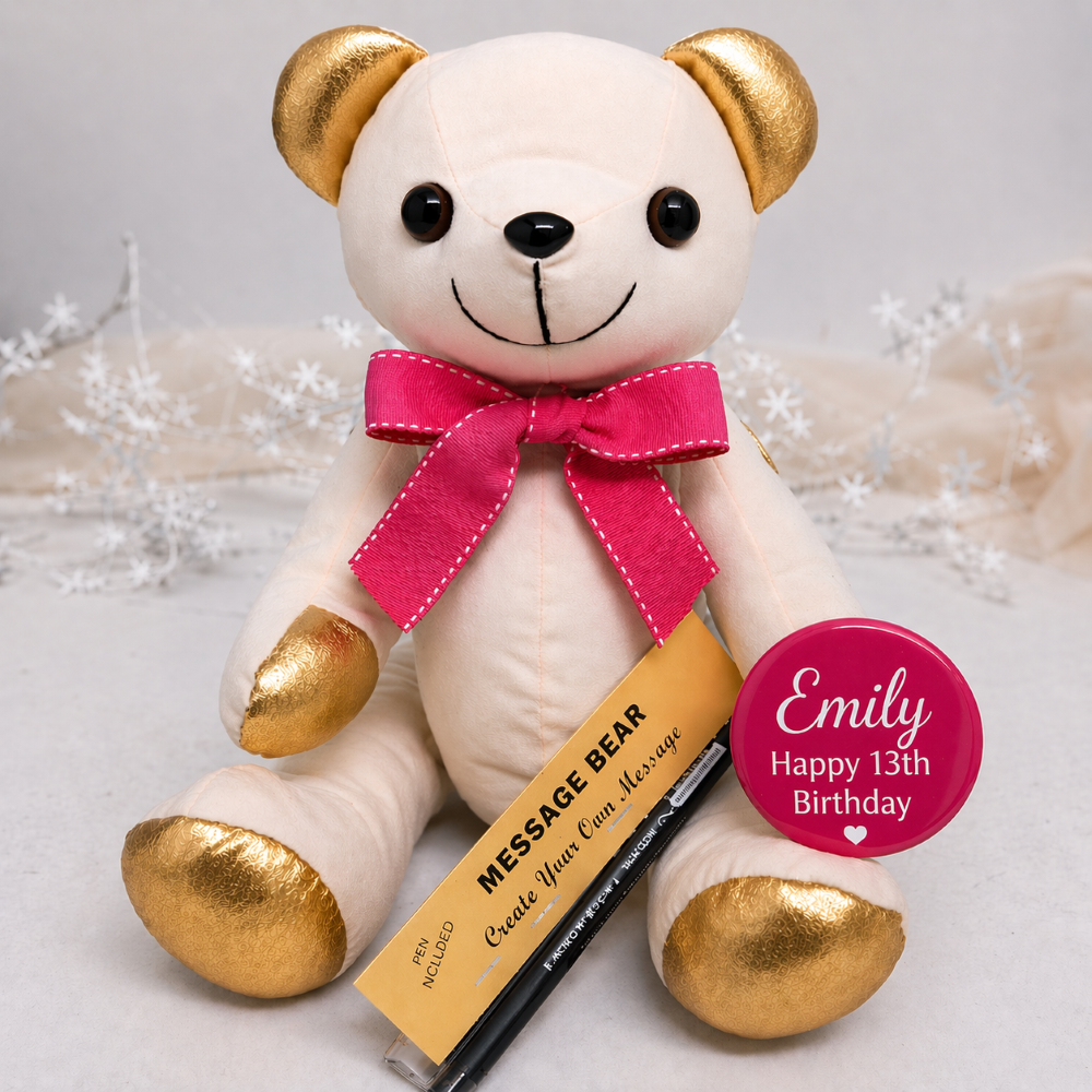 Signature Bear with Gold Ears and Pink Bow – 13th Birthday Personalised Badge
