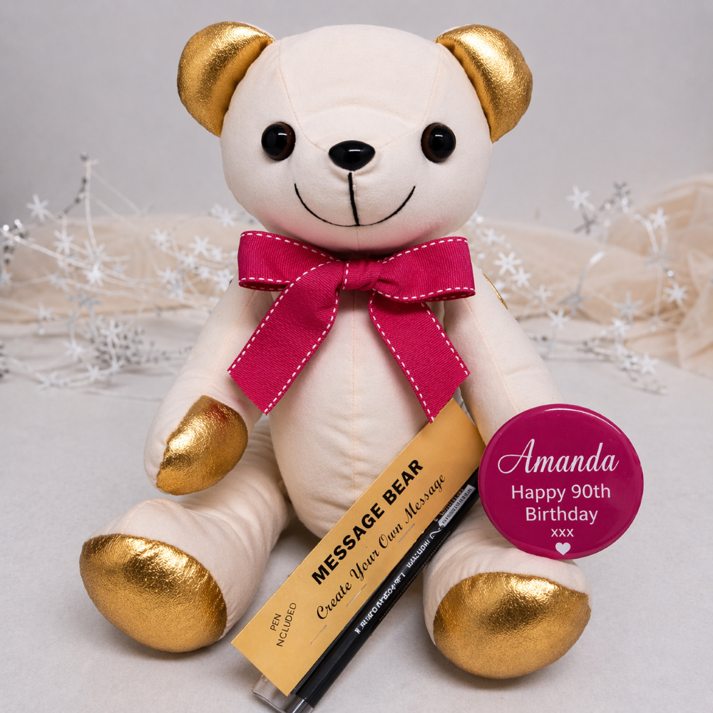 Signature Bear Gold Ears/Pink Bow 90th Birthday Personalised Badge