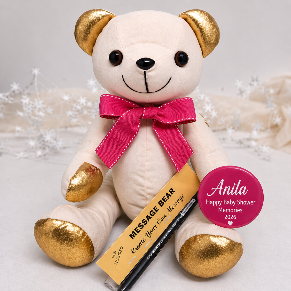 Signature Bear Baby Shower Gold Accents/Pink Bow Personalised Badge