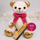 Signature Bear Naming Day Gold Accents/Pink BowPersonalised Message on Badge