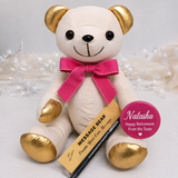 Signature Bear Retirement Gift Gold Ears/Pink Bow with Personalised Badge
