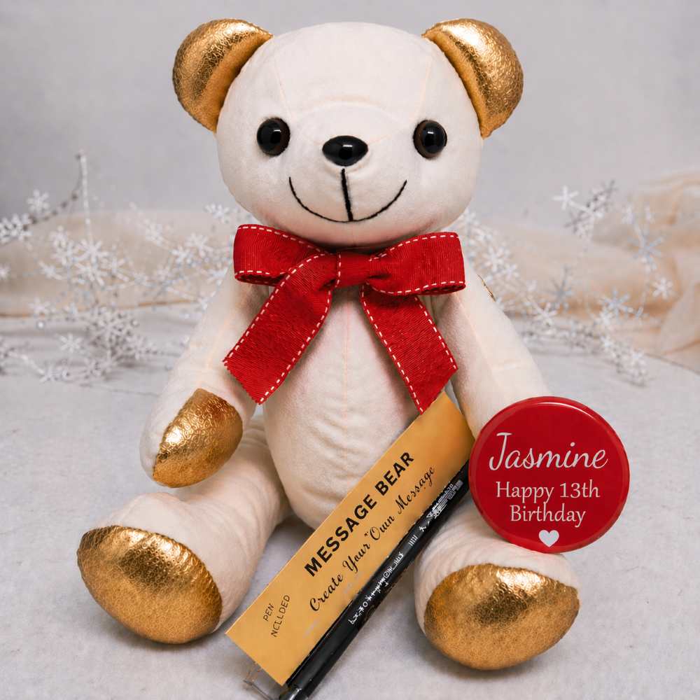 Signature Bear 13th Birthday Personalised Badge Gold Ears/Red Bow