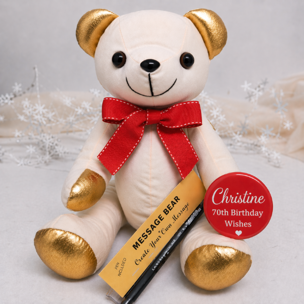 Signature Bear Gold Ears/Red Bow 70th Birthday Personalised Badge