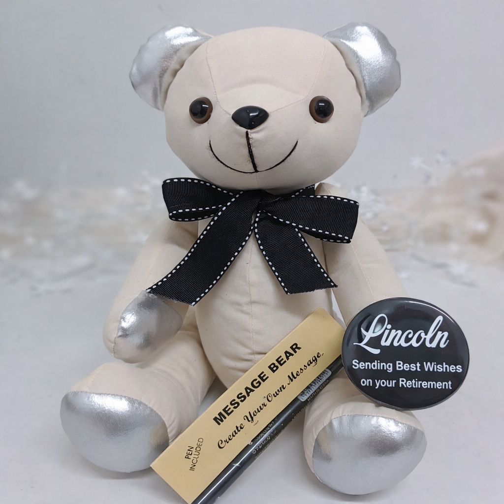 Retirement Signature Bear 40cm Black Bow Personalised Badge