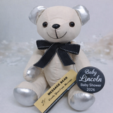Signature Bear Baby Shower Personalised Message Badge Silver Ears Black Bow