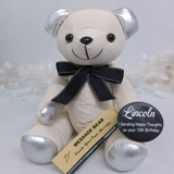 Signature Bear 10th Birthday Personalised Badge Silver Ear Black Bow