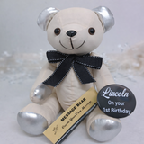 Signature Bear 1st Birthday Personalised Birthday Badge Silver Ears Black Bow