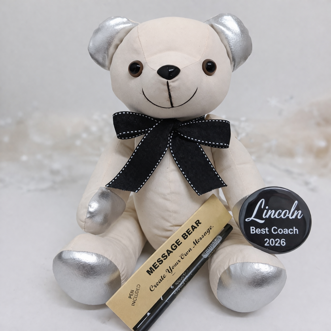 Signature Bear Silver Ears Black Bow with Personalised Badge Coach