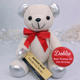 Signature Bear 10th Birthday Personalised Badge Silver Ears Red Bow