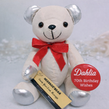 Personalised Bear for 70th Birthday with Badge Silver Ears and Red Bow