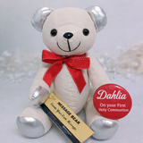 Signature Bear Silver Ears and Feet Red Bow Holy Communion Personalised Badge