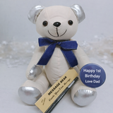 Personalised 1st Birthday Bear Signature Blue Bow Silver Ears