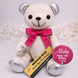 10th Birthday Signature Bear Silver Ears Personalised Badge Pink Bow