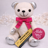 Signature Bear Silver Ears Pink Bow 1st Birthday Personalised Badge