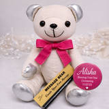 Christening Signature Bear Pink Bow Badge and SilverAccents/Pink Bow
