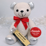 Signature Bear Red Bow Baby Shower Badge Personalised Silver Ears and Feet