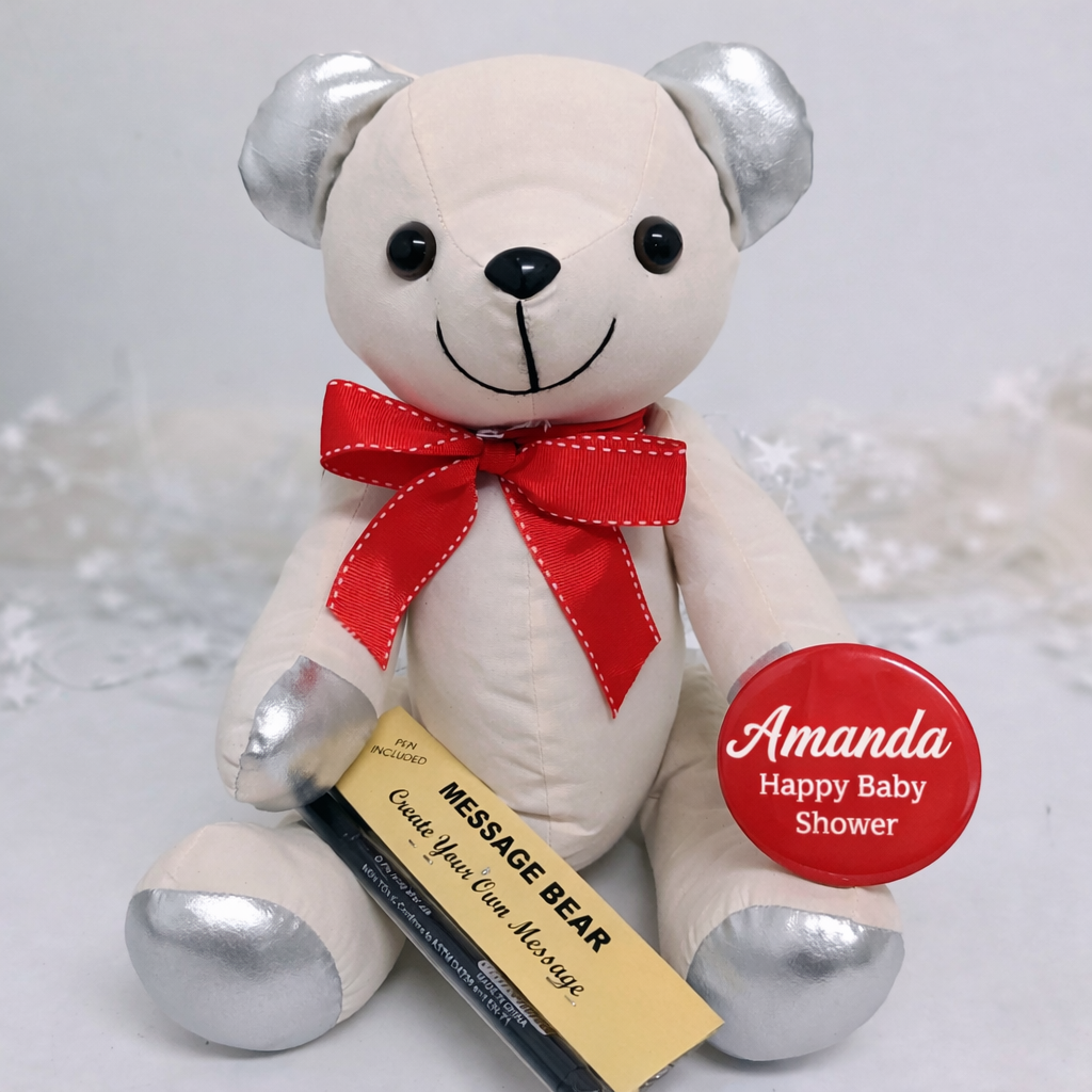Signature Bear Red Bow Baby Shower Badge Personalised Silver Ears and Feet