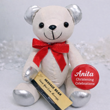 Christening Signature Bear Silver Ears with Red Bow and  Personalised Badge