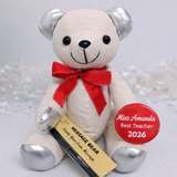 Signature Bear Teacher Gift with Personalised Badge Silver Ears and Red Bow