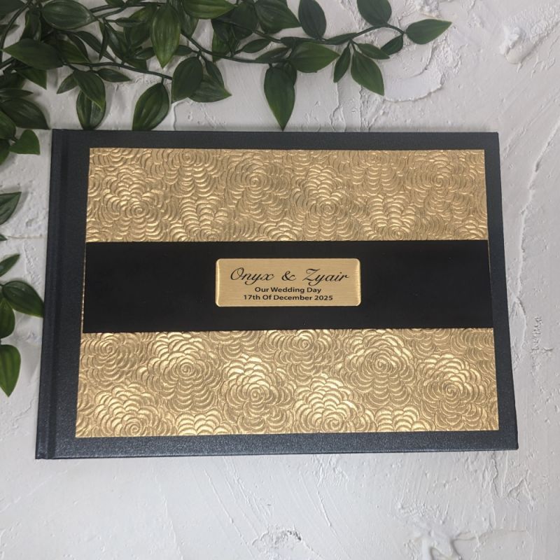 Wedding Personalised Black & Gold Embossed Guest Book with Custom Plaque