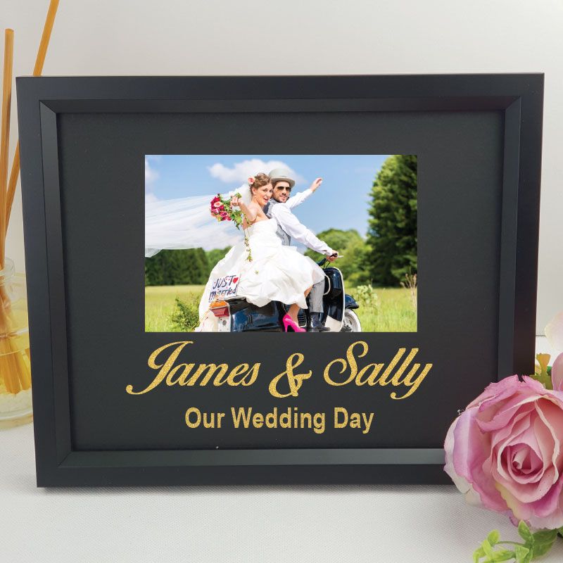 Personalised wedding 6x4 landscape black photo frame with glitter vinyl message – image 1